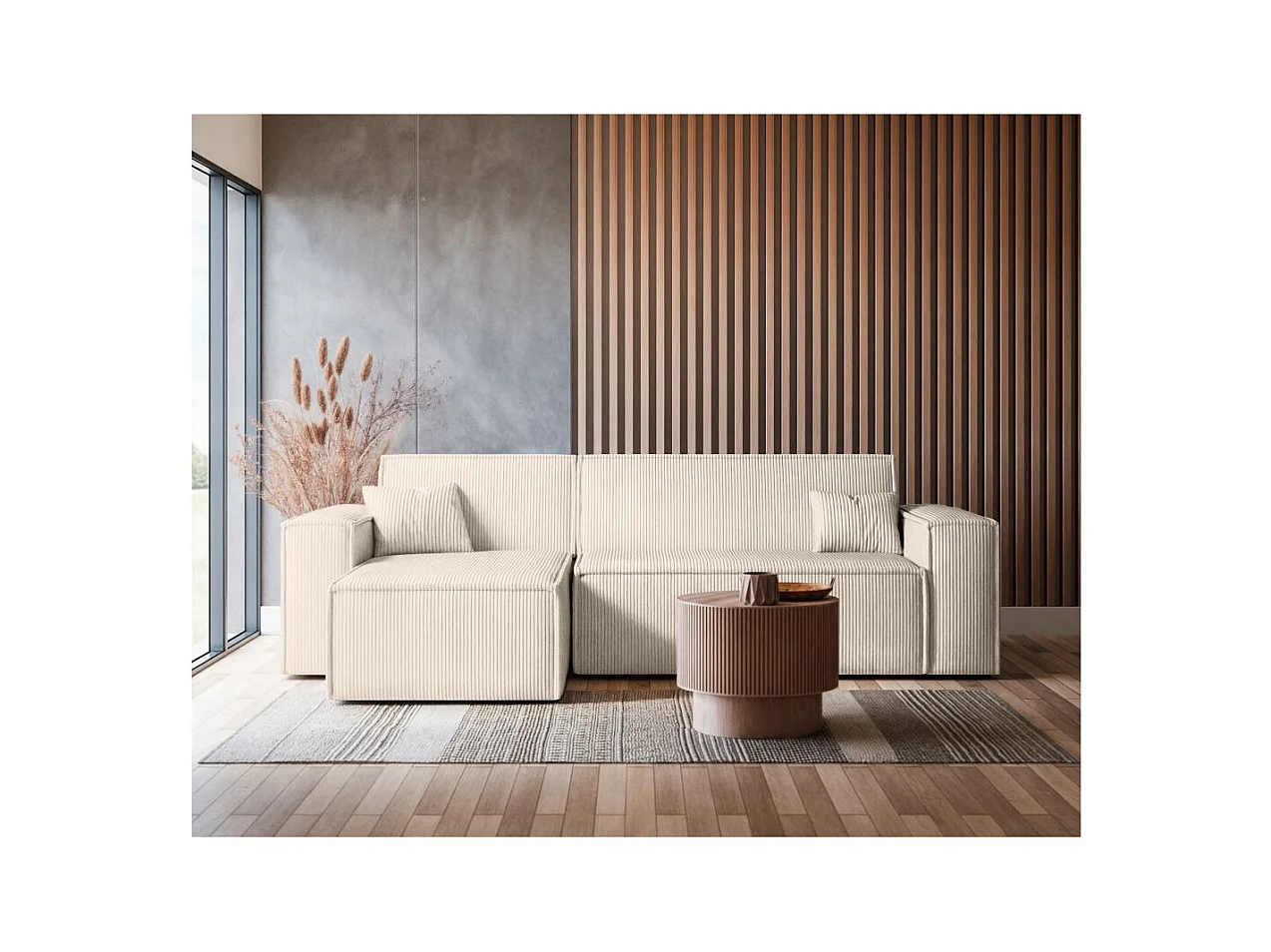 Canapé d'angle FARAH convertible et réversible 4 places en velours cotelé - Beige