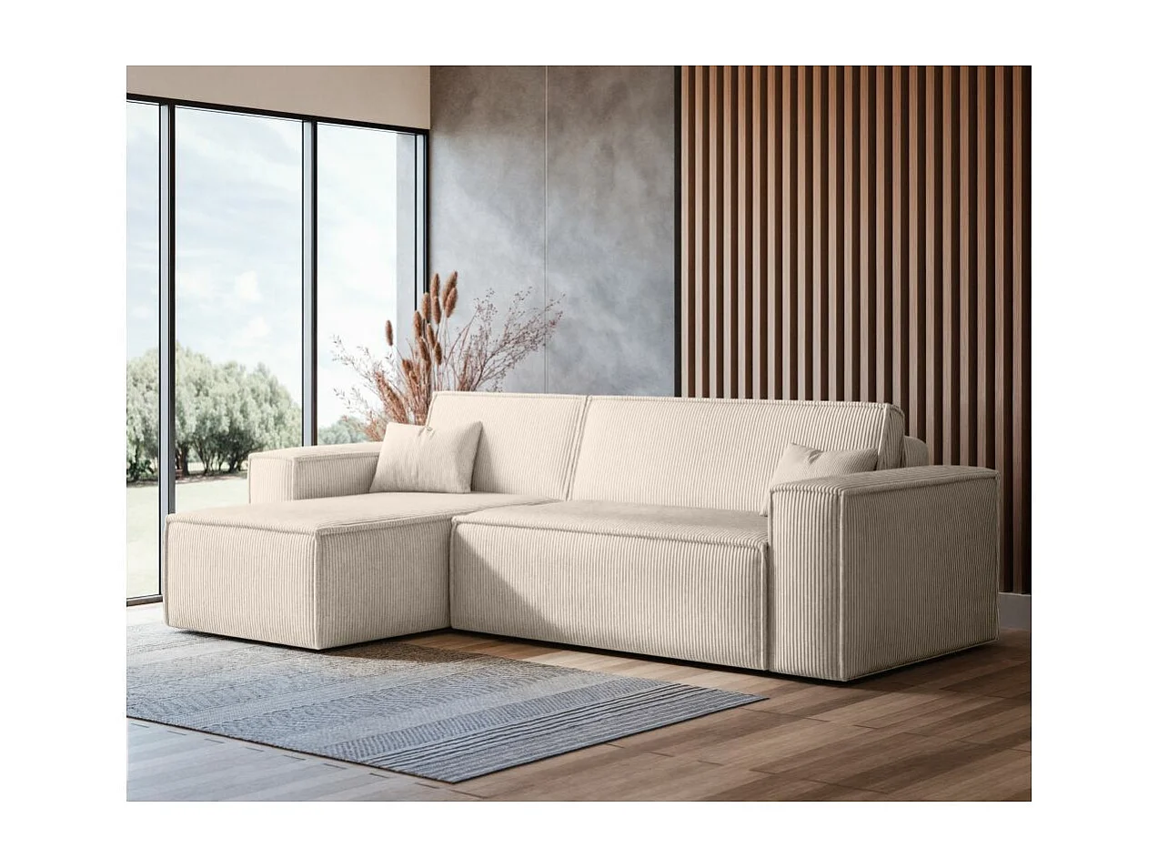 Canapé d'angle FARAH convertible et réversible 4 places en velours cotelé - Beige