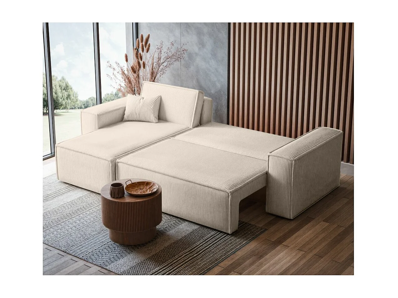 Canapé d'angle FARAH convertible et réversible 4 places en velours cotelé - Beige