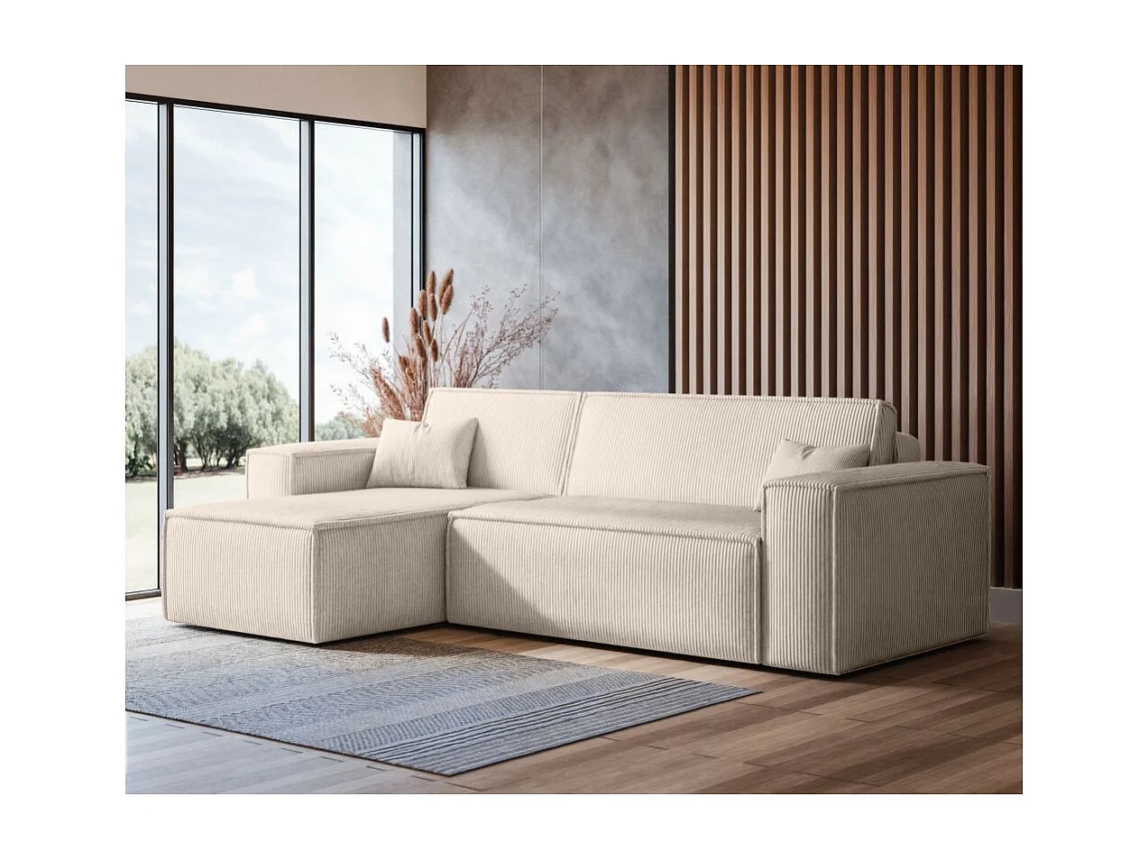 Canapé d'angle FARAH convertible et réversible 4 places en velours cotelé - Beige