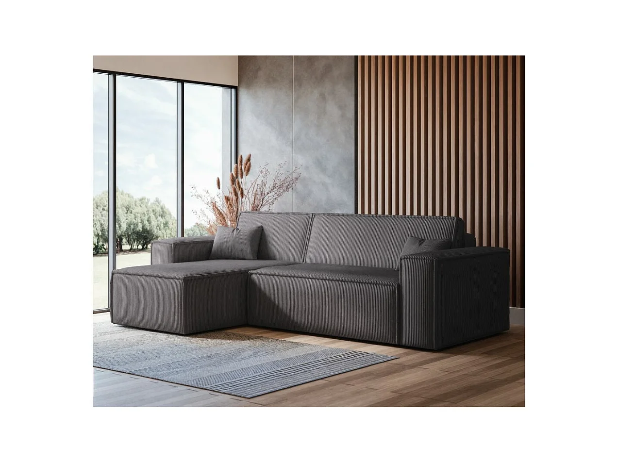 Canapé d'angle FARAH convertible et réversible 4 places en velours cotelé - Gris