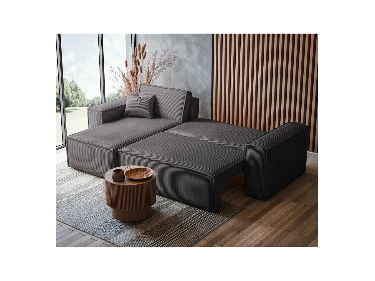 Canapé d'angle FARAH convertible et réversible 4 places en velours cotelé - Gris