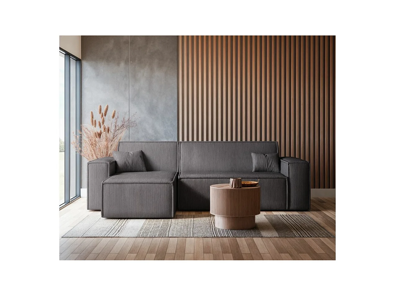 Canapé d'angle FARAH convertible et réversible 4 places en velours cotelé - Gris