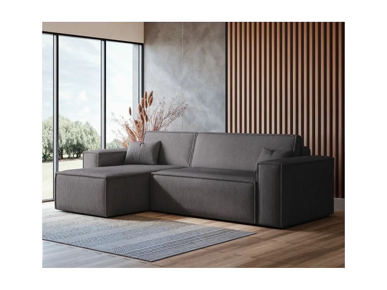 Canapé d'angle FARAH convertible et réversible 4 places en velours cotelé - Gris