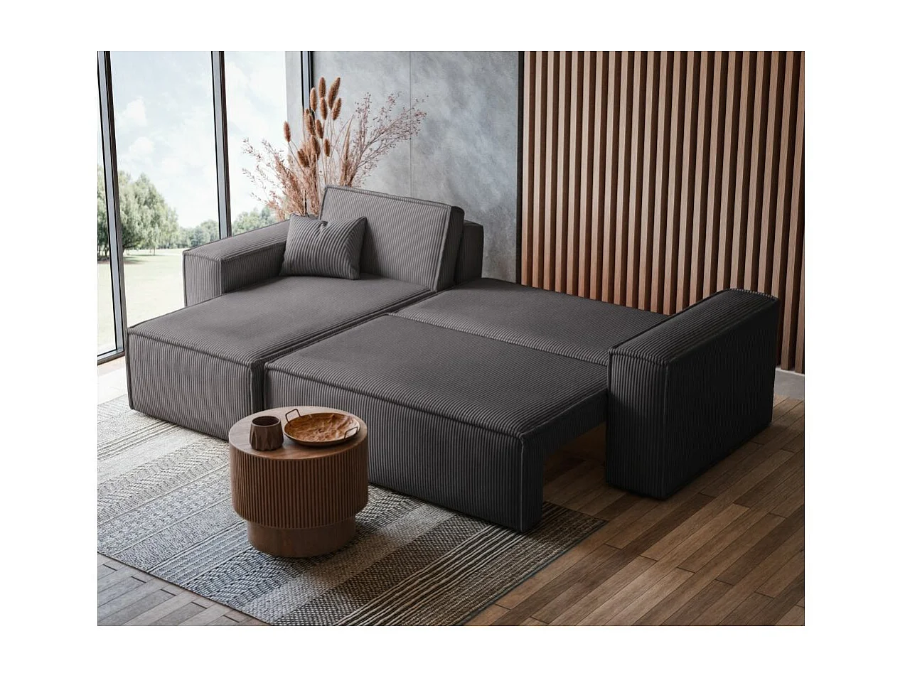 Canapé d'angle FARAH convertible et réversible 4 places en velours cotelé - Gris