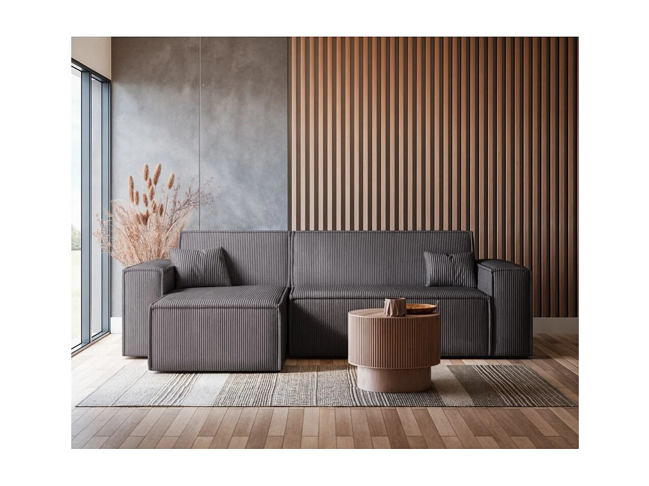 Canapé d'angle FARAH convertible et réversible 4 places en velours cotelé - Gris