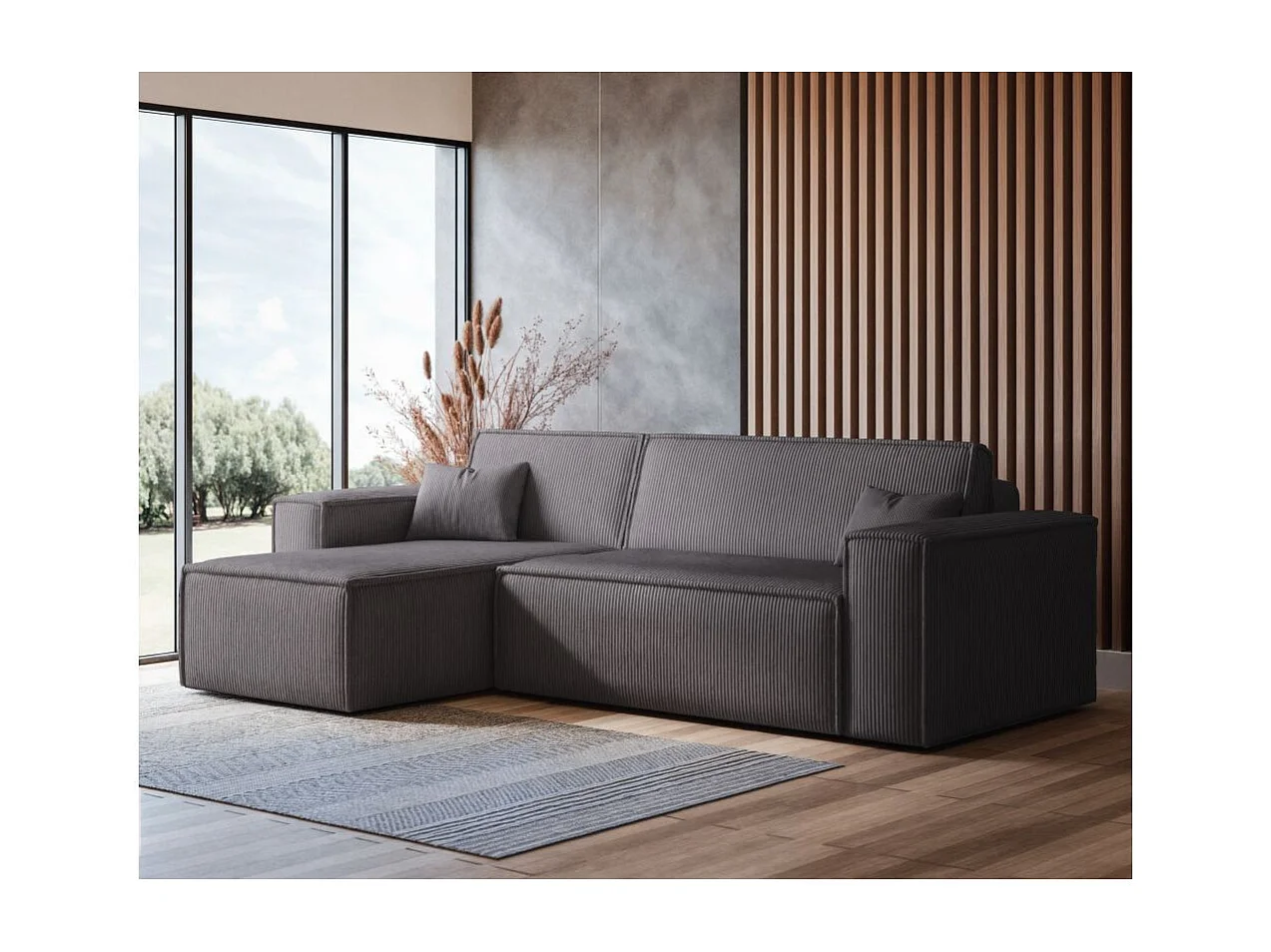 Canapé d'angle FARAH convertible et réversible 4 places en velours cotelé - Gris