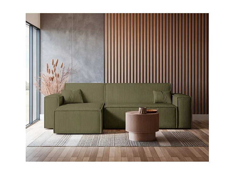 Canapé d'angle FARAH convertible et réversible 4 places en velours cotelé - Vert kaki