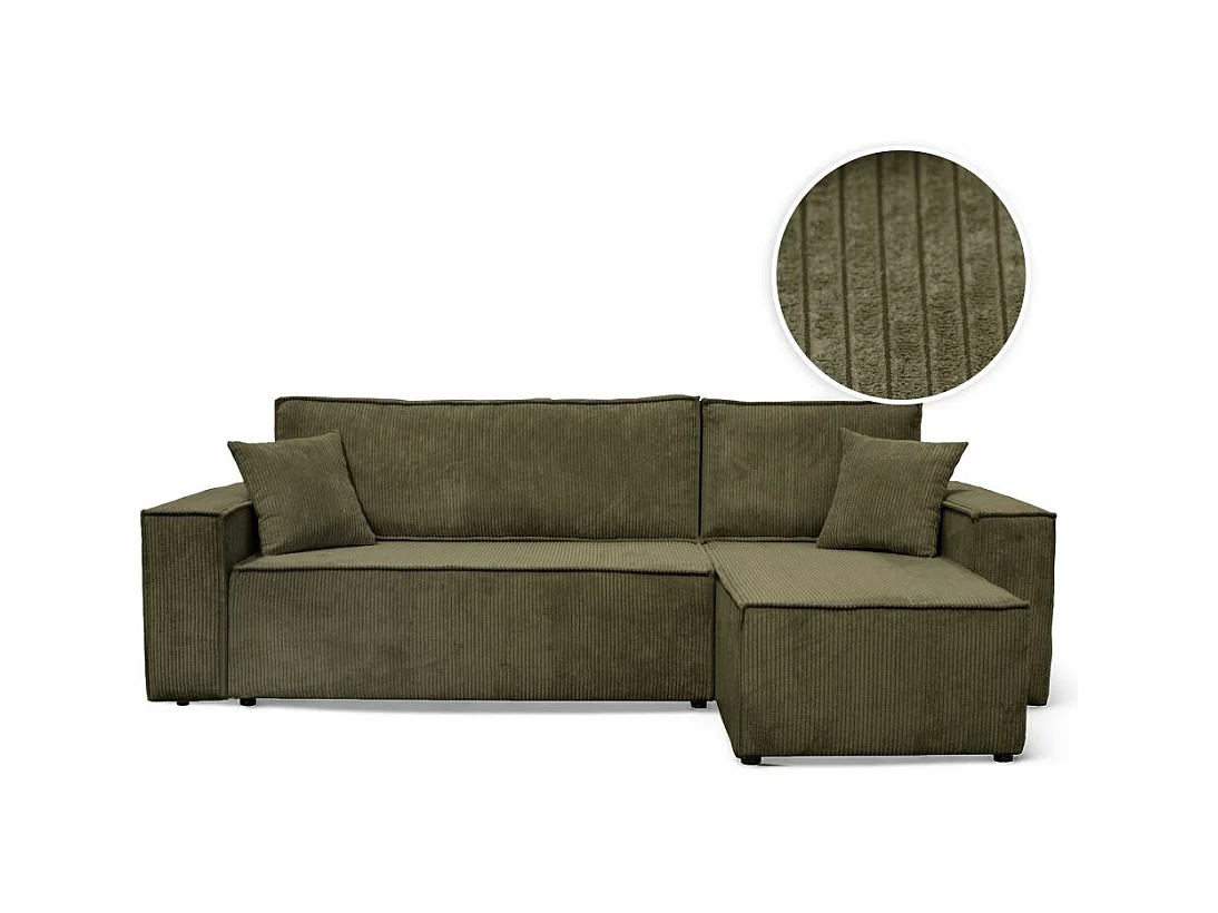 Canapé d'angle FARAH convertible et réversible 4 places en velours cotelé - Vert kaki