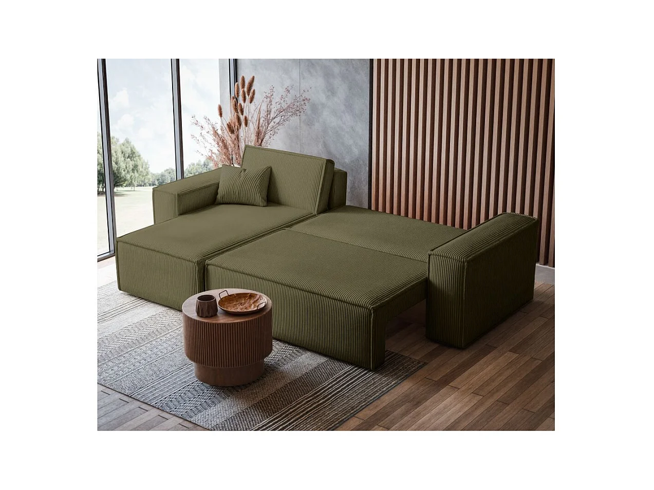 Canapé d'angle FARAH convertible et réversible 4 places en velours cotelé - Vert kaki