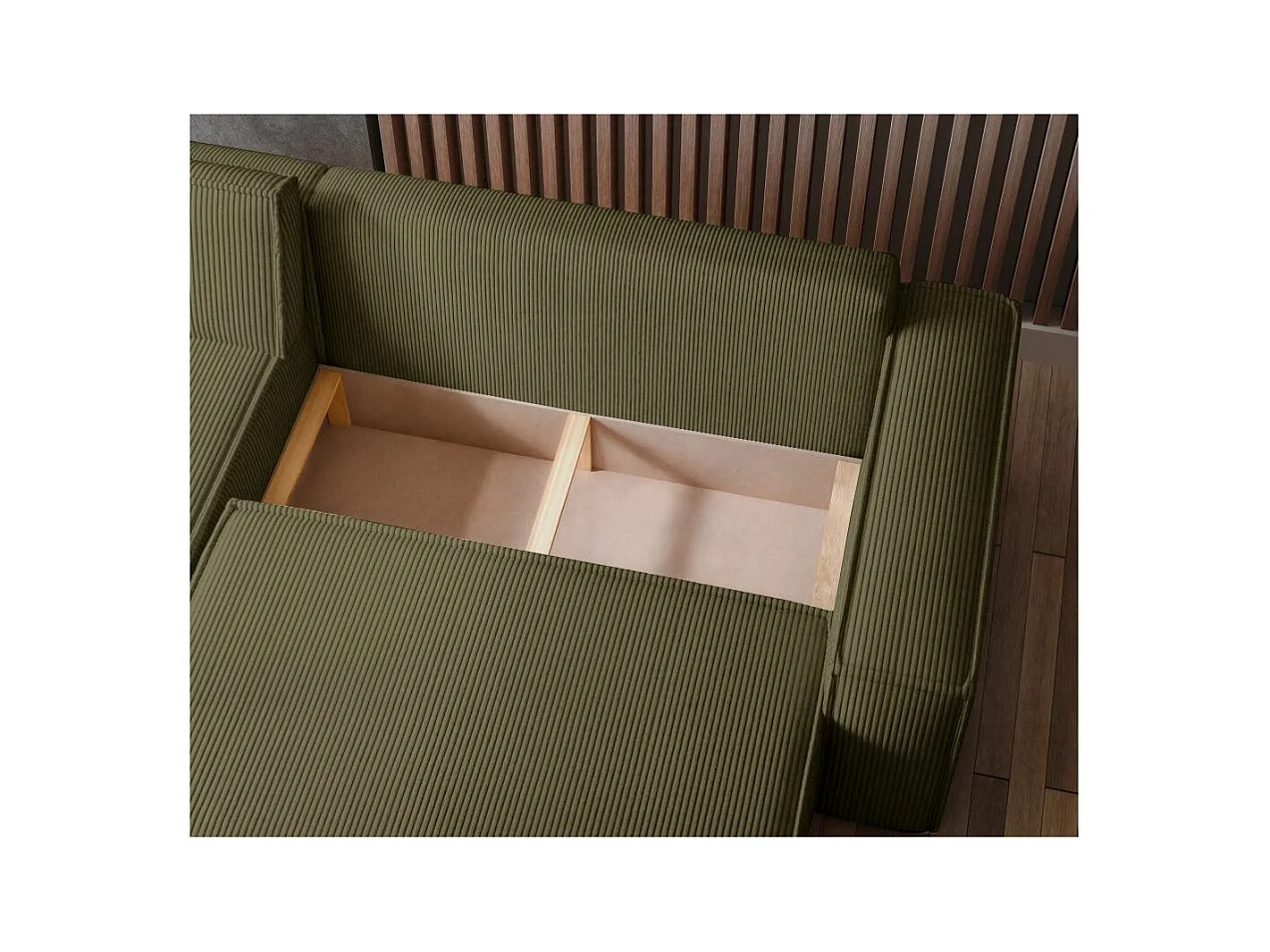 Canapé d'angle FARAH convertible et réversible 4 places en velours cotelé - Vert kaki