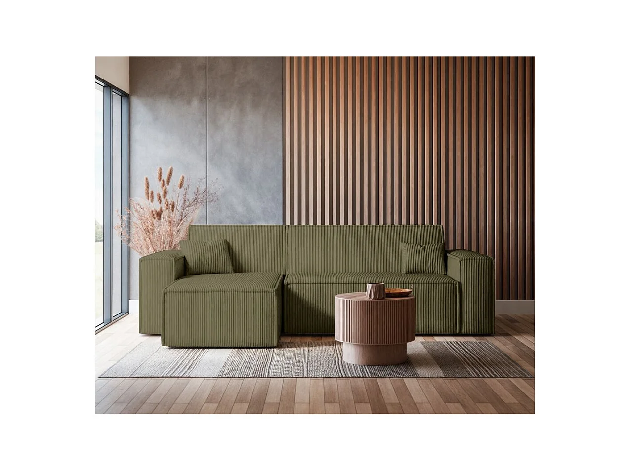 Canapé d'angle FARAH convertible et réversible 4 places en velours cotelé - Vert kaki
