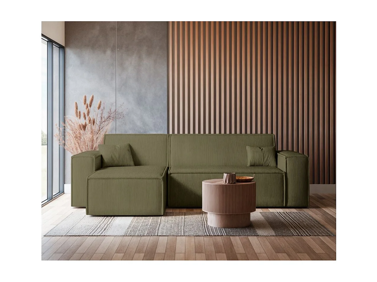 Canapé d'angle FARAH convertible et réversible 4 places en velours cotelé - Vert kaki