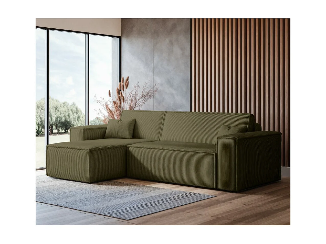 Canapé d'angle FARAH convertible et réversible 4 places en velours cotelé - Vert kaki