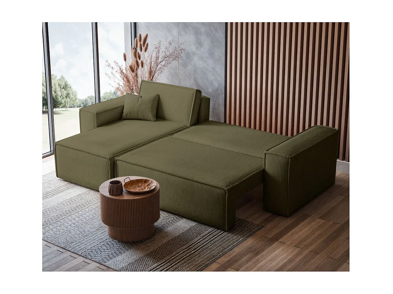 Canapé d'angle FARAH convertible et réversible 4 places en velours cotelé - Vert kaki