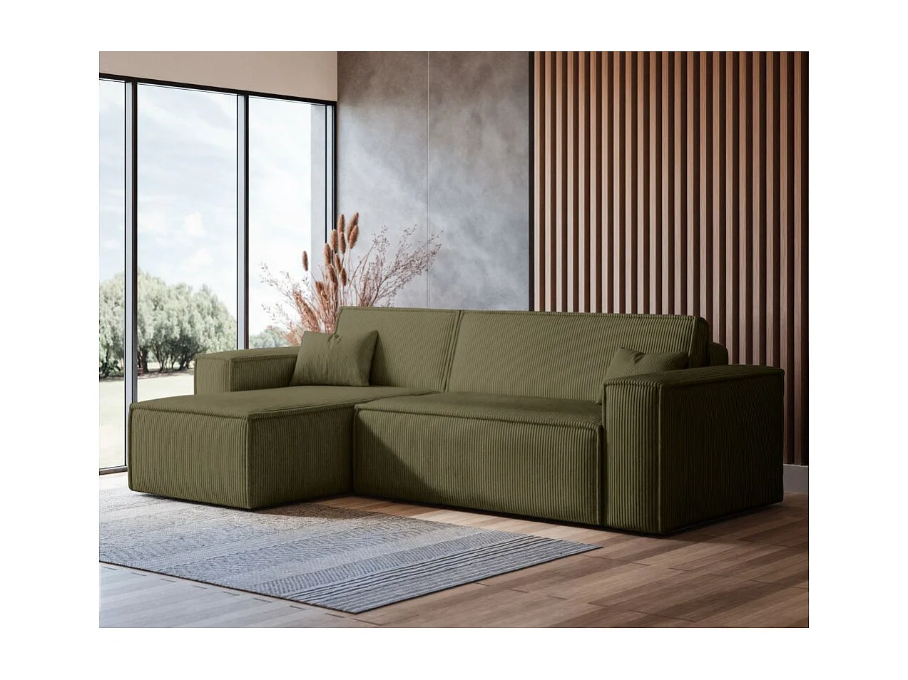 Canapé d'angle FARAH convertible et réversible 4 places en velours cotelé - Vert kaki