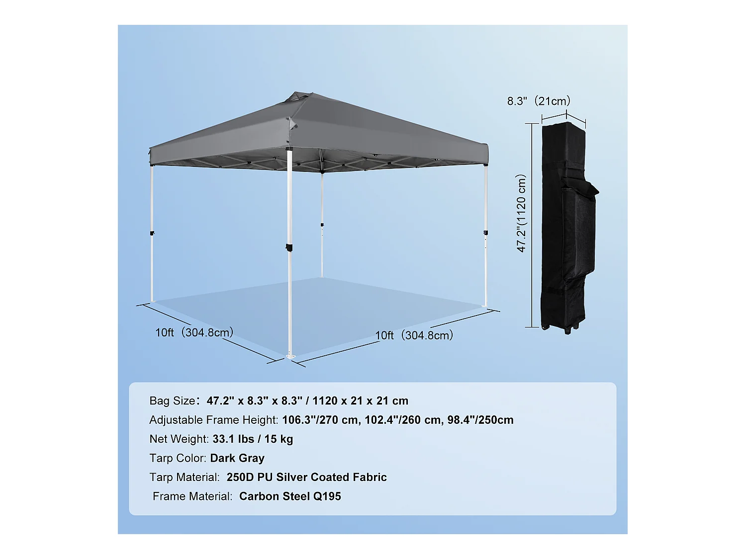 Tonnelle Pop-Up SucceBuy 304,8x304,8 Cm Tonnelle Auvent Jardin Bâche Enduit Argenté PU 250D Sac à Roulettes Portable 4 Sacs
