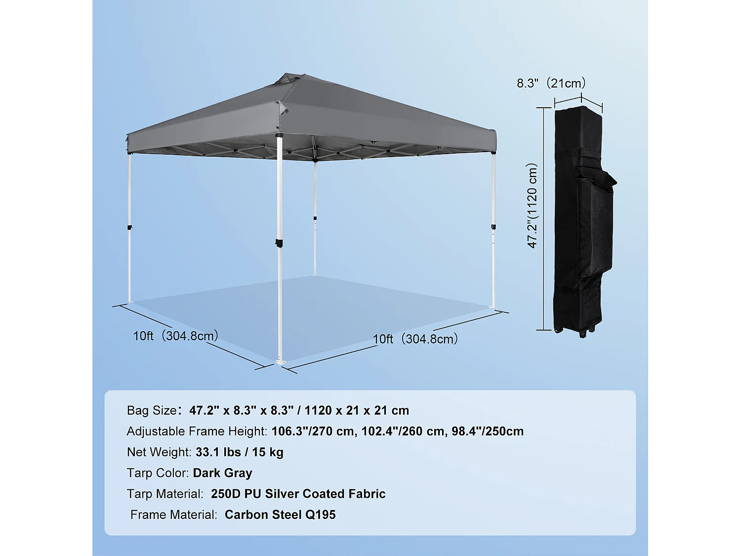 Tonnelle Pop-Up SucceBuy 304,8x304,8 Cm Tonnelle Auvent Jardin Bâche Enduit Argenté PU 250D Sac à Roulettes Portable 4 Sacs