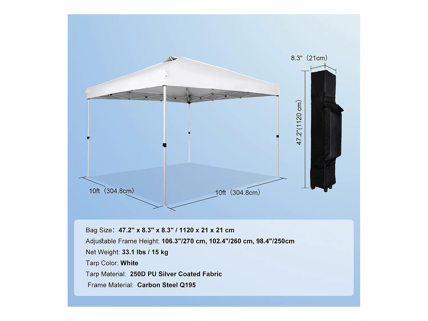 Tonnelle Pop-Up SucceBuy 304,8x304,8 Cm Tonnelle Auvent Jardin Bâche Enduit Argenté PU 250D Sac à Roulettes Portable 4 Sacs