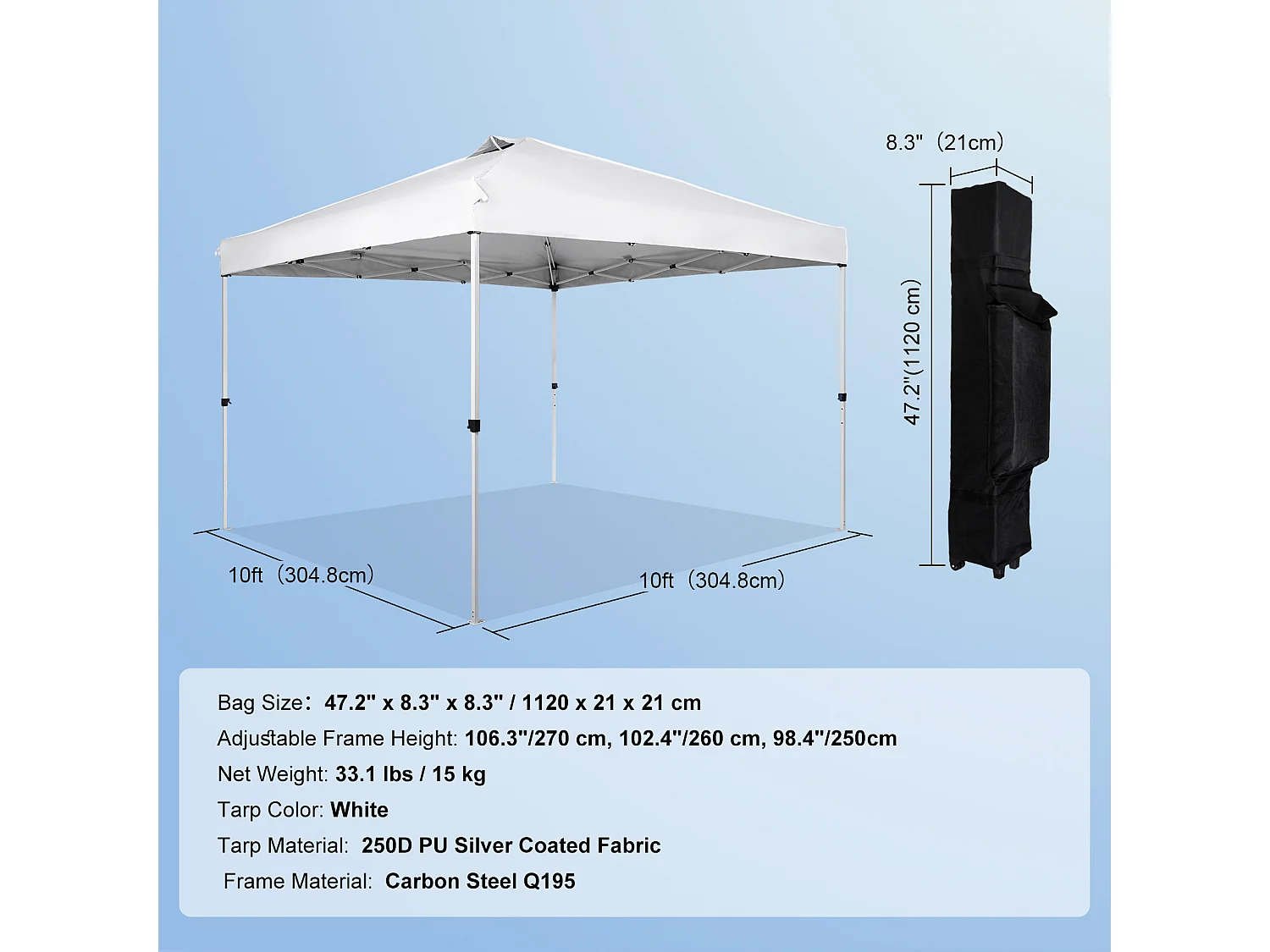 Tonnelle Pop-Up SucceBuy 304,8x304,8 Cm Tonnelle Auvent Jardin Bâche Enduit Argenté PU 250D Sac à Roulettes Portable 4 Sacs