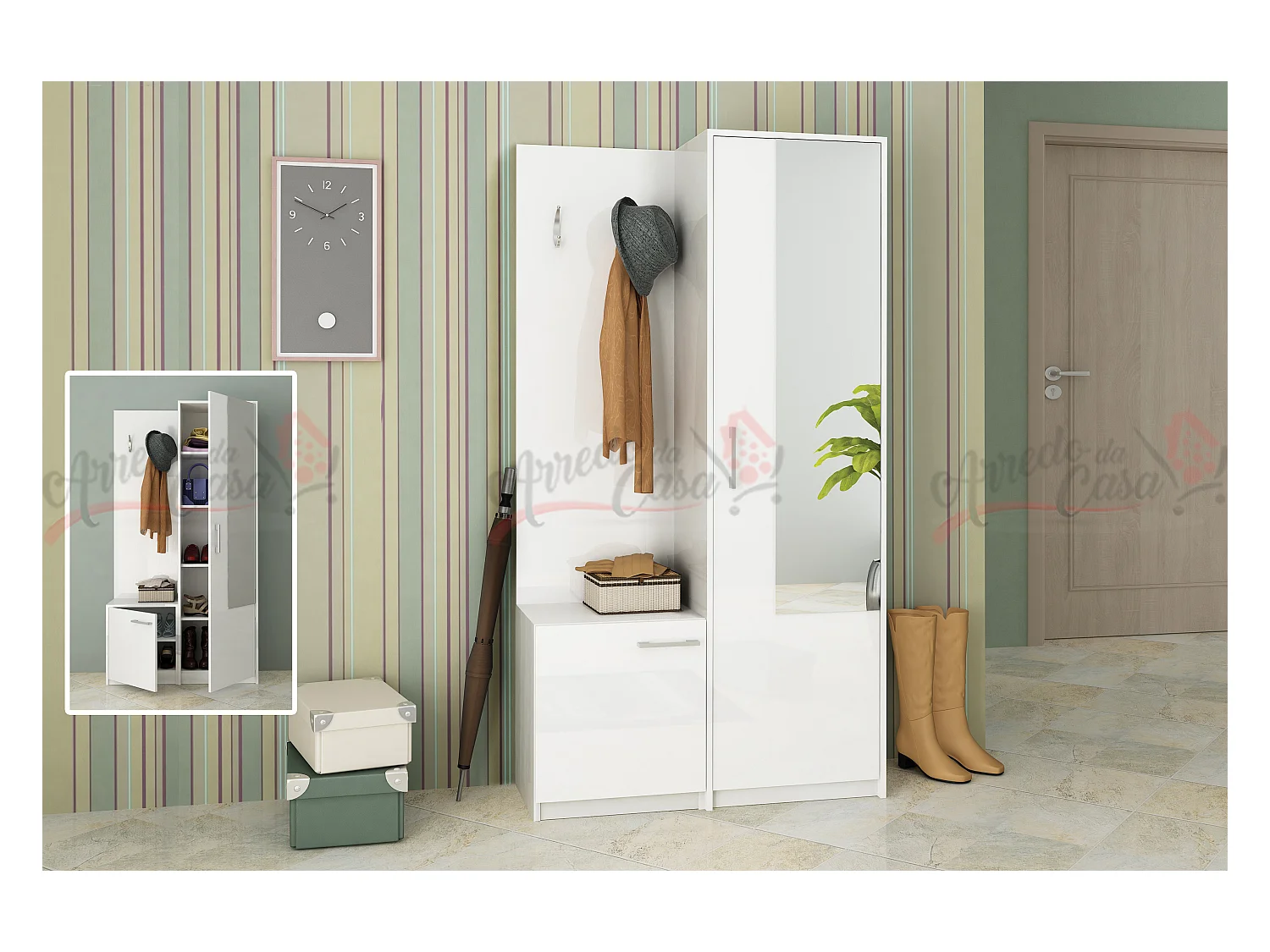 Mobile ingresso appendiabiti e scarpiera moderno bianco lucido IG5