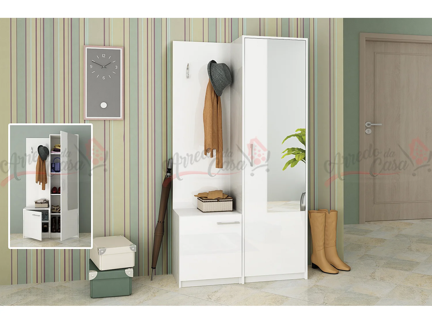 Mobile ingresso appendiabiti e scarpiera moderno bianco lucido IG5