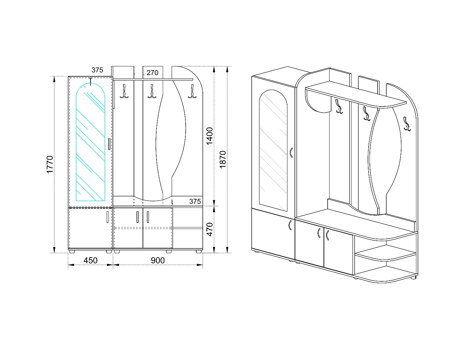 Mobile ingresso con anta specchiata 135x187 rovere e noce II4052