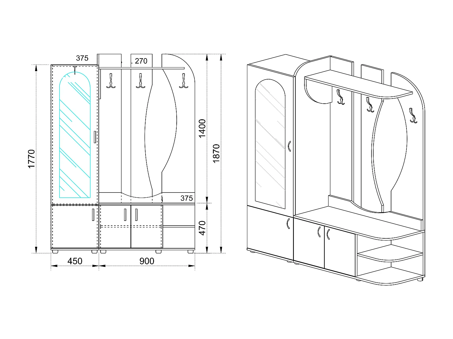 Mobile ingresso con anta specchiata 135x187 rovere e noce II4052