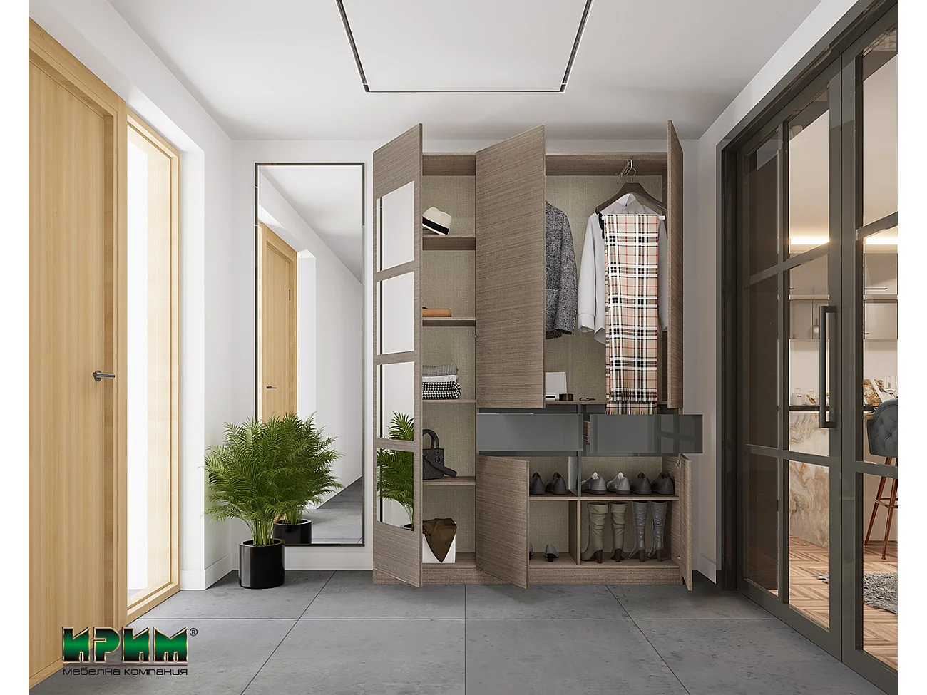 Mobile ingresso 150x218 cm marrone moka e grigio lucido con 4 specchi II25