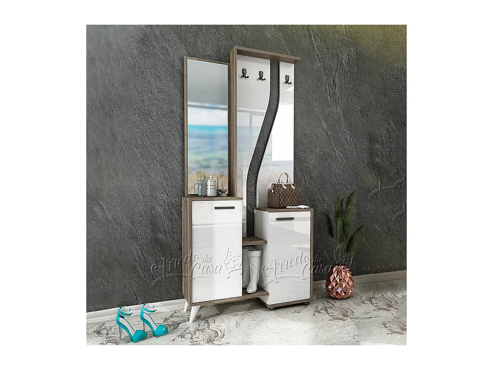 Mobile da ingresso moderno con specchio 89x190 rovere scuro e bianco IU28