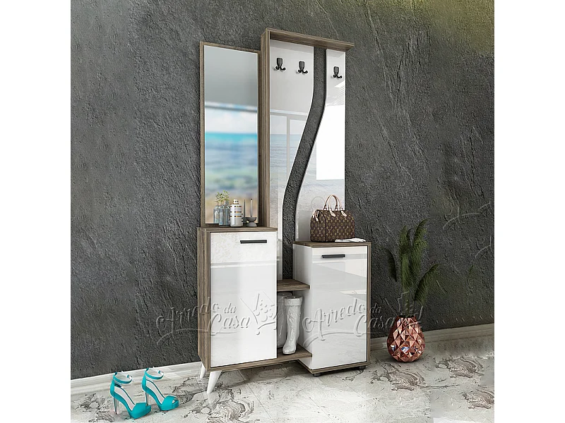 Mobile da ingresso moderno con specchio 89x190 rovere scuro e bianco IU28