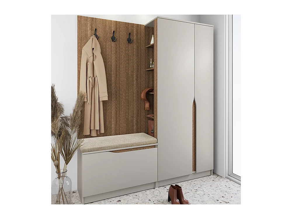 Mobile ingresso 160x188 cm noce e beige con 3 ganci appendiabiti e scarpiera a ribalta II26