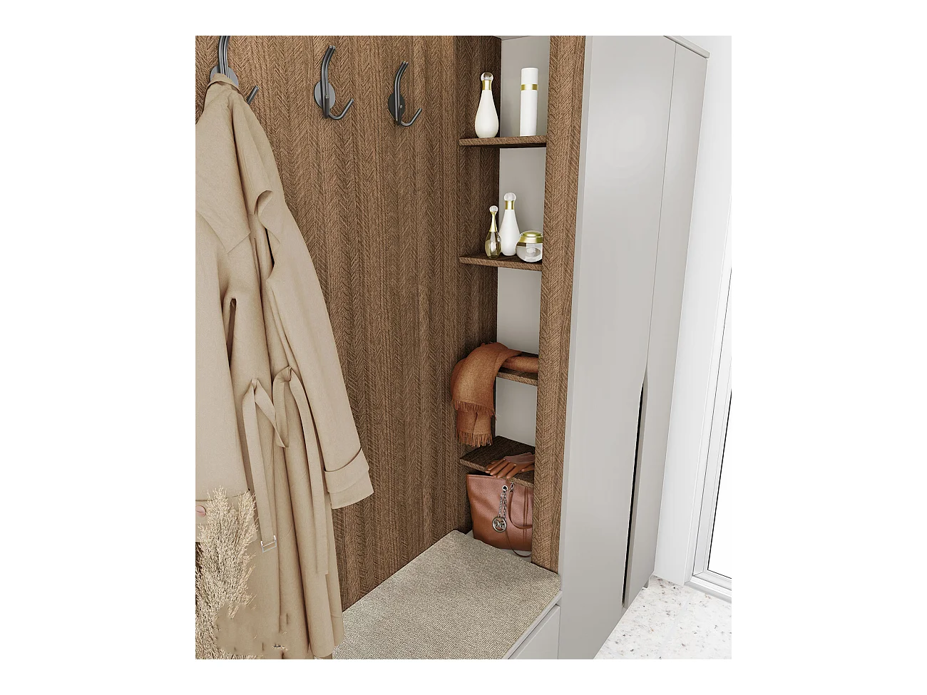 Mobile ingresso 160x188 cm noce e beige con 3 ganci appendiabiti e scarpiera a ribalta II26