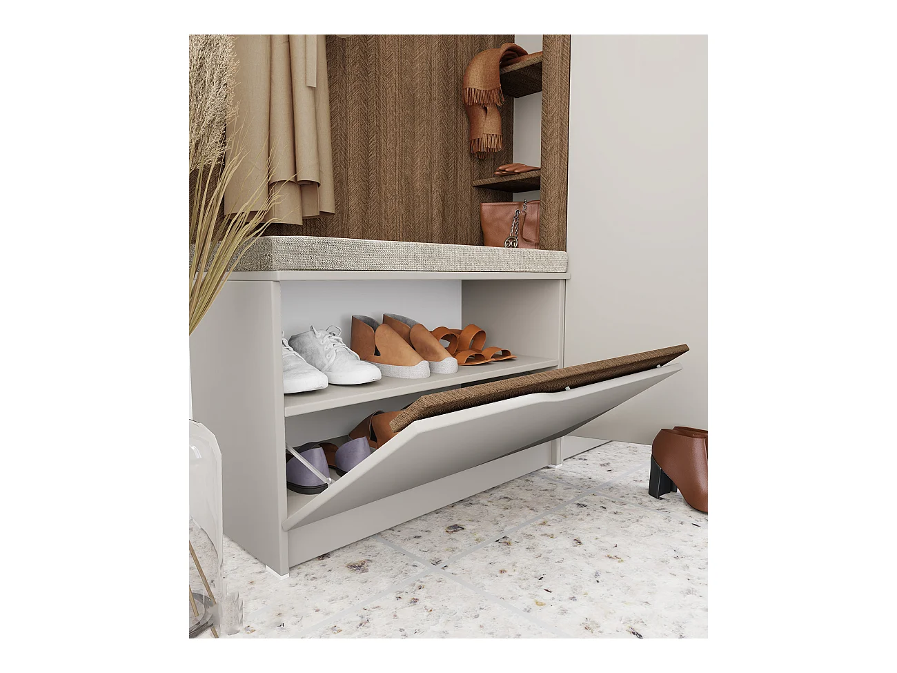 Mobile ingresso 160x188 cm noce e beige con 3 ganci appendiabiti e scarpiera a ribalta II26