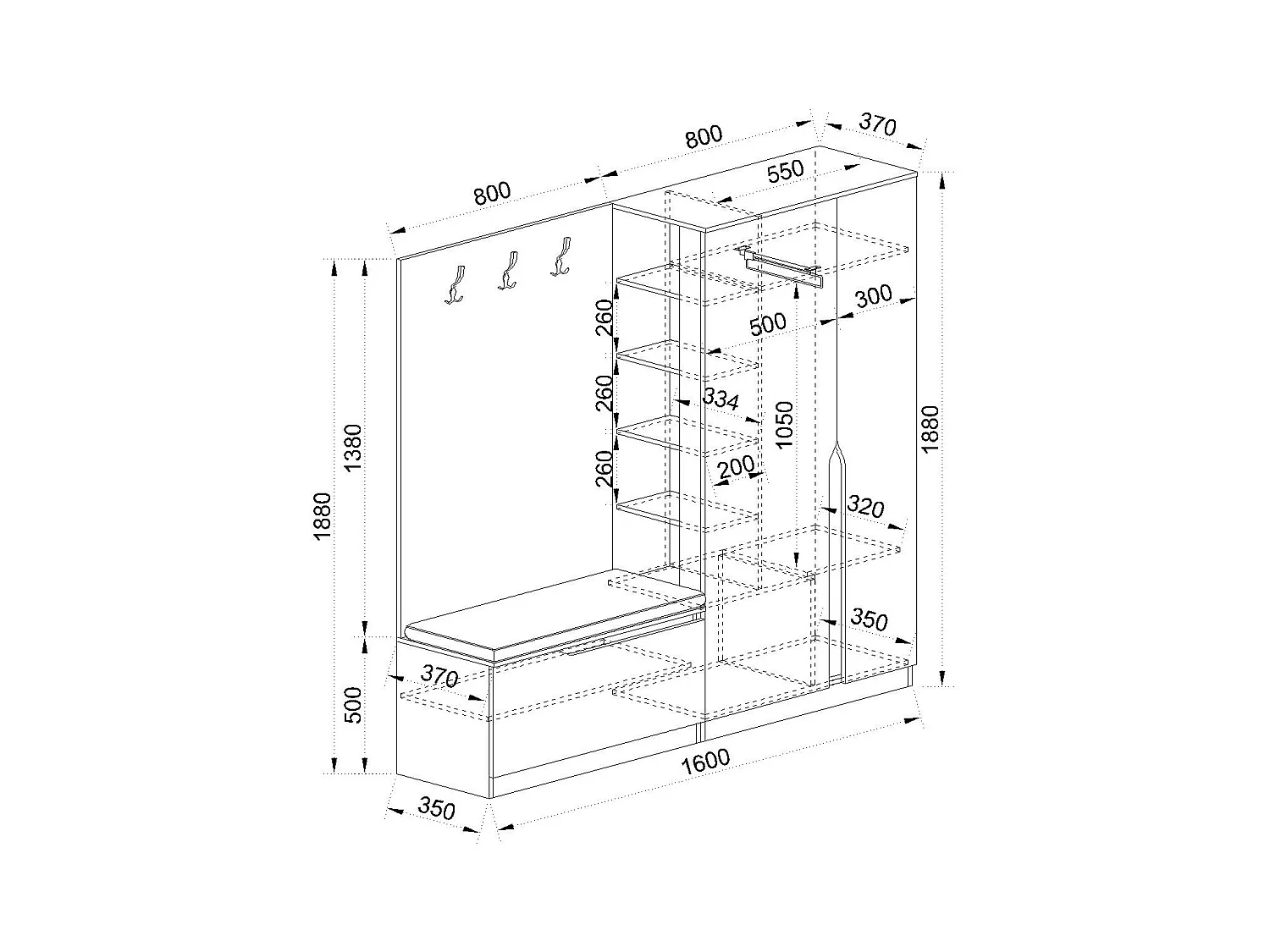 Mobile ingresso 160x188 cm noce e beige con 3 ganci appendiabiti e scarpiera a ribalta II26