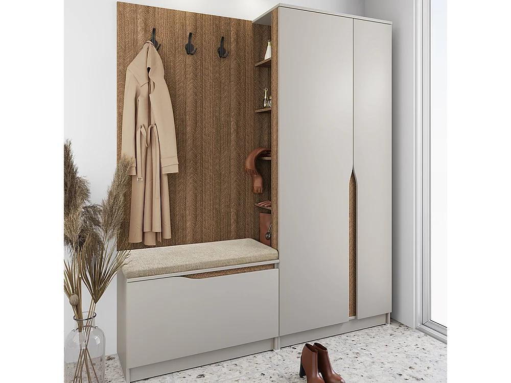 Mobile ingresso 160x188 cm noce e beige con 3 ganci appendiabiti e scarpiera a ribalta II26