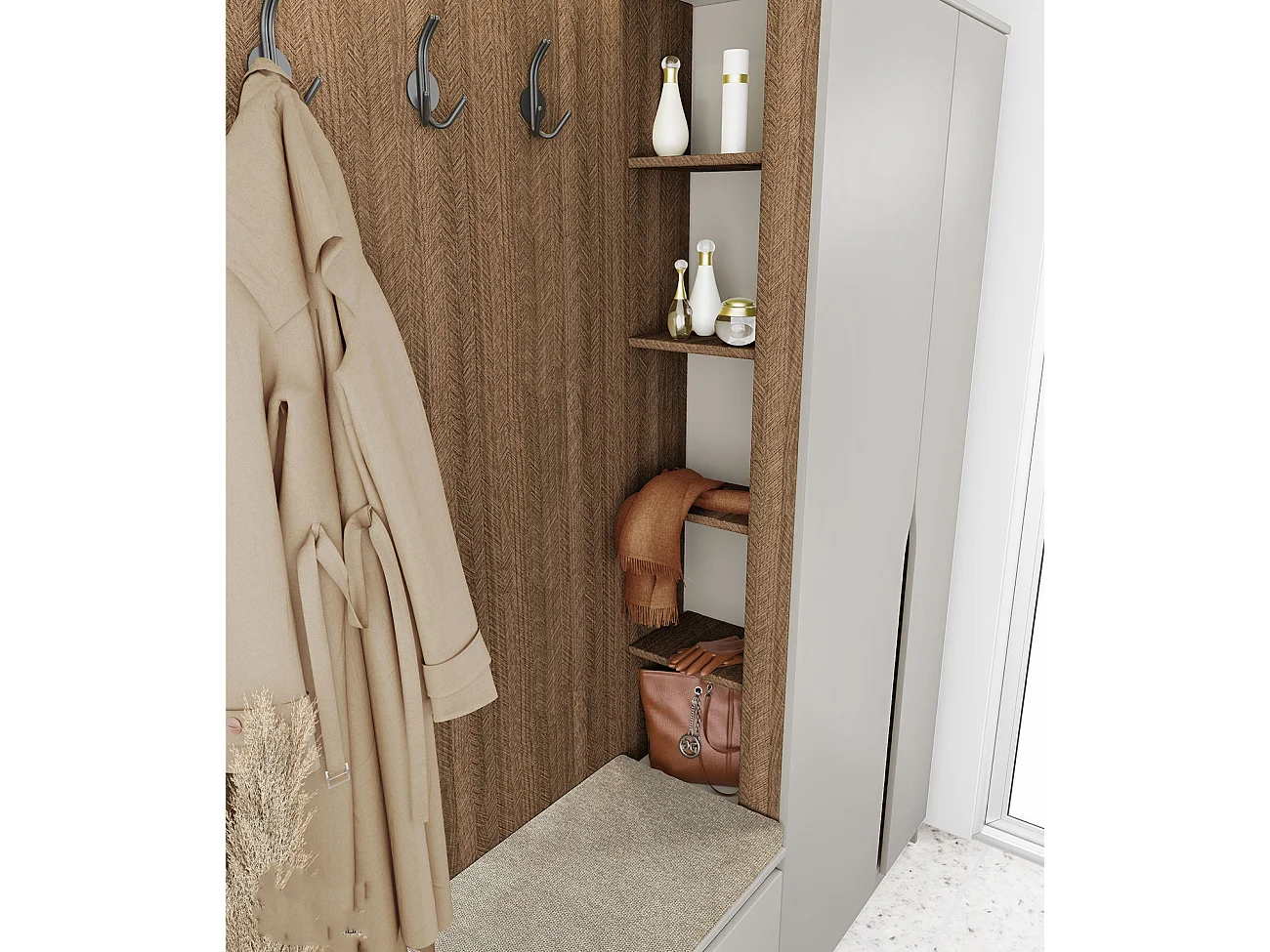 Mobile ingresso 160x188 cm noce e beige con 3 ganci appendiabiti e scarpiera a ribalta II26