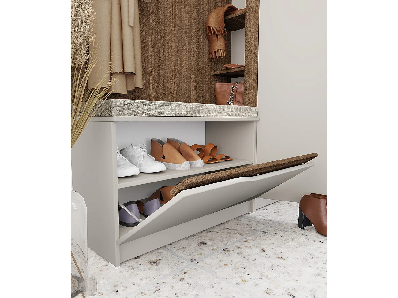 Mobile ingresso 160x188 cm noce e beige con 3 ganci appendiabiti e scarpiera a ribalta II26