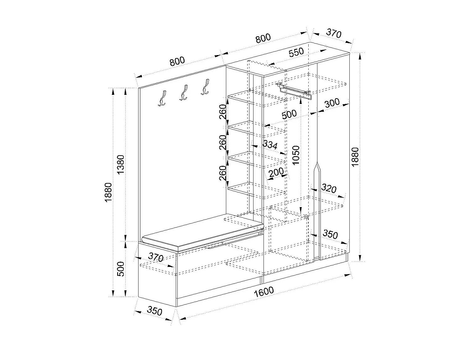 Mobile ingresso 160x188 cm noce e beige con 3 ganci appendiabiti e scarpiera a ribalta II26
