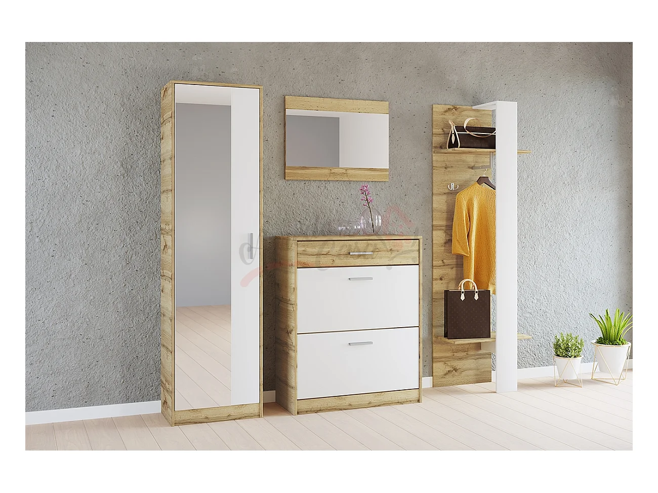 Mobile da ingresso con specchio 140x182 bianco e rovere II4047