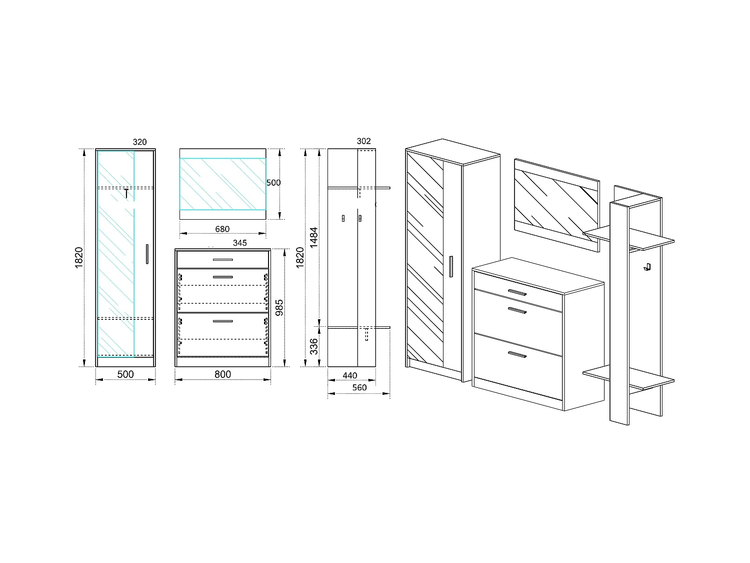 Mobile da ingresso con specchio 140x182 bianco e rovere II4047
