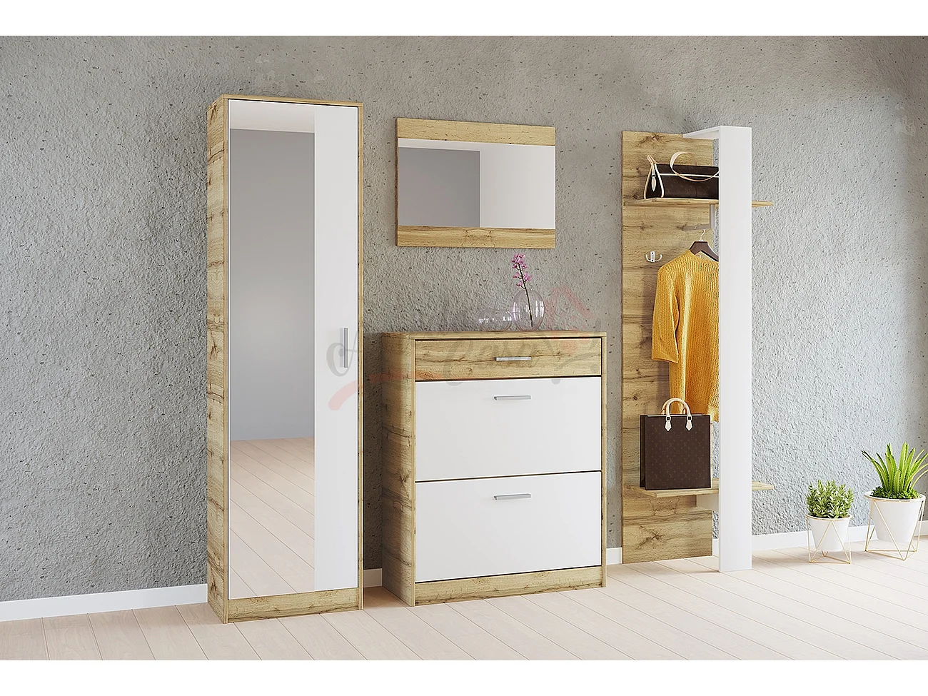 Mobile da ingresso con specchio 140x182 bianco e rovere II4047