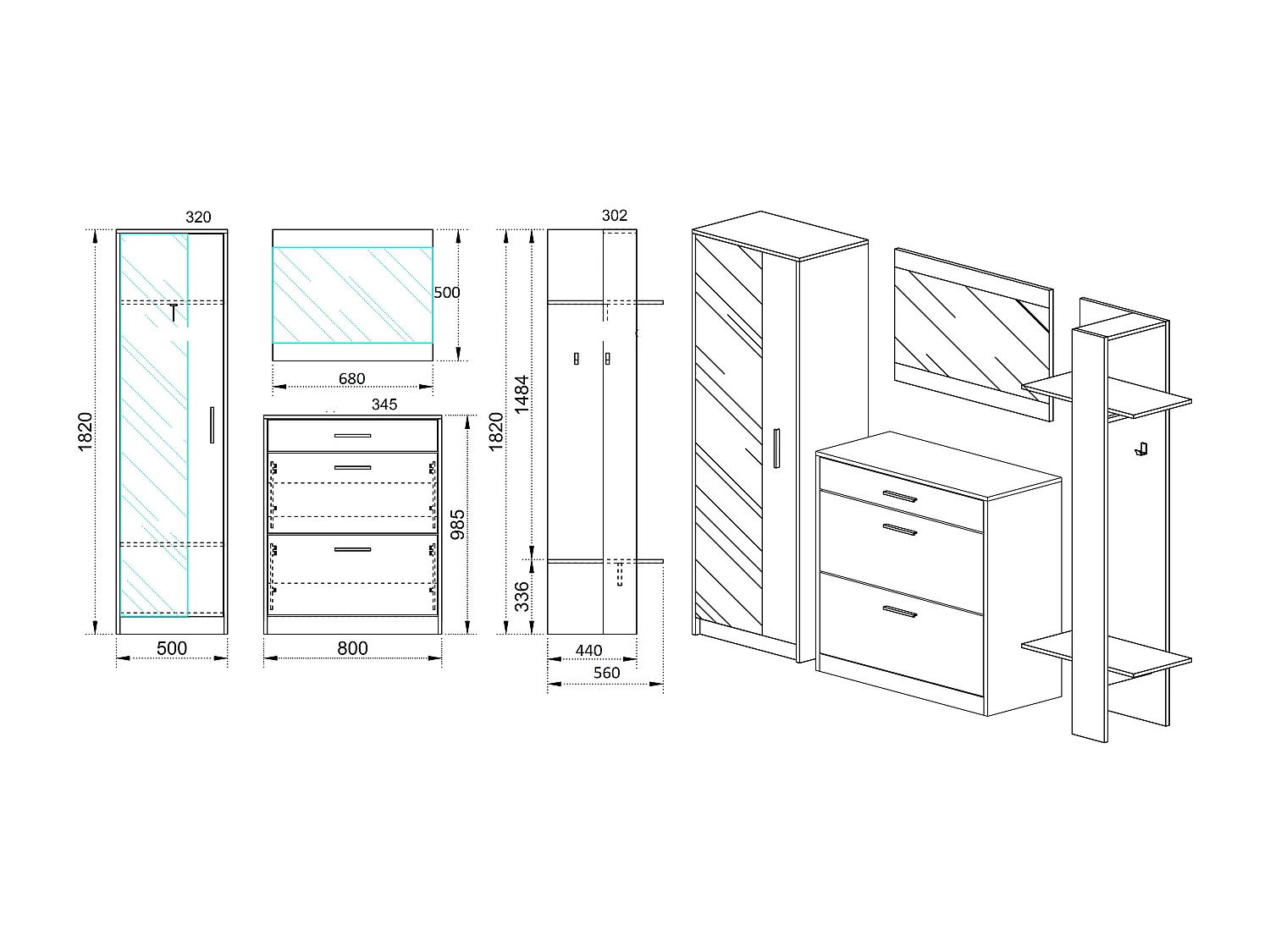 Mobile da ingresso con specchio 140x182 bianco e rovere II4047