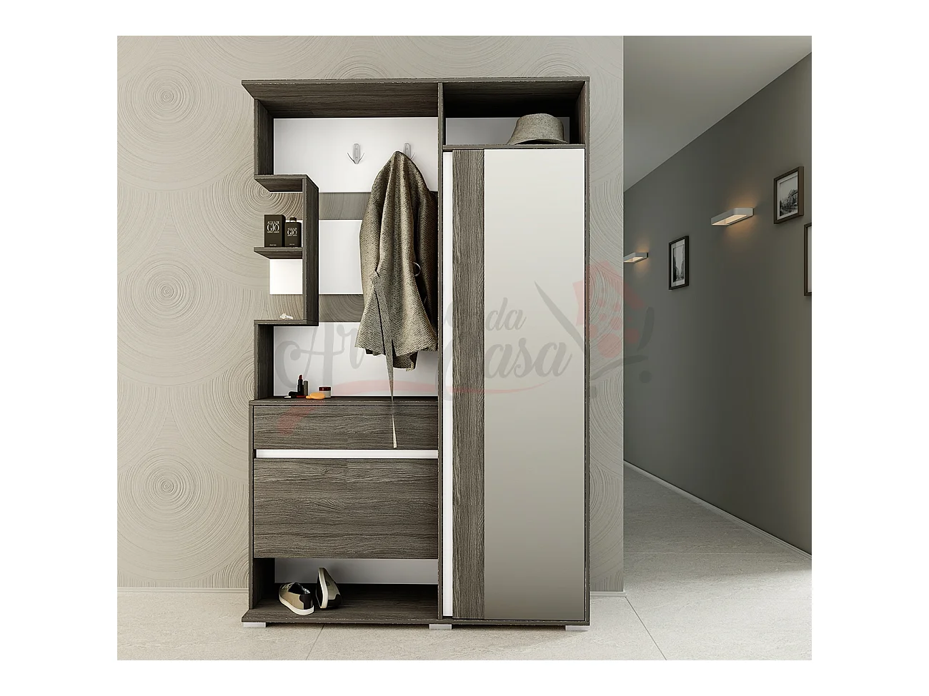 Mobile da ingresso con anta specchiata 123x195 rovere scuro II4000