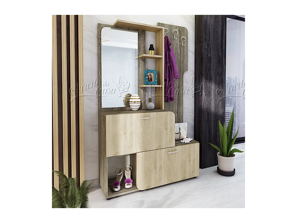 Mobile ingresso con specchio e ripiani117x188,5 grigio e rovere chiaro IU17