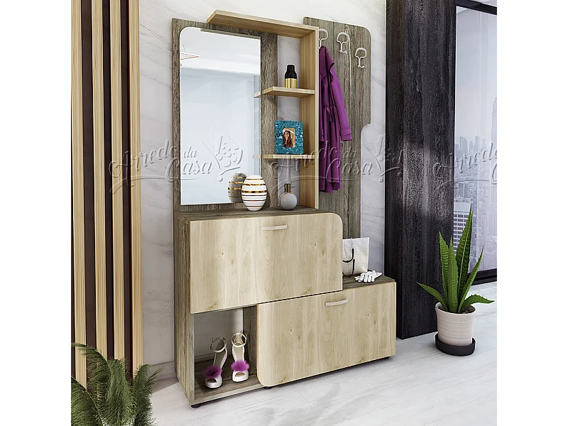 Mobile ingresso con specchio e ripiani117x188,5 grigio e rovere chiaro IU17