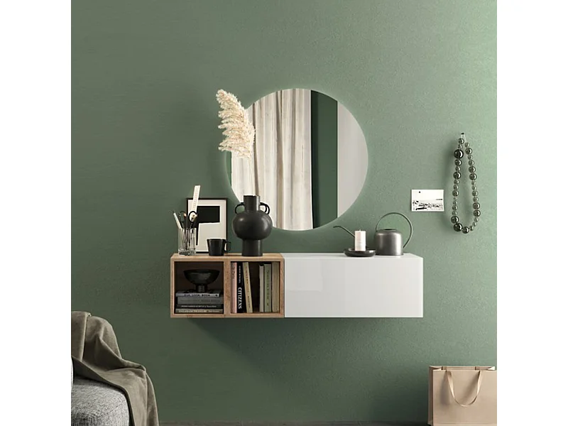 Mobile ingresso sospeso con vani a giorno 125x30 cm bianco lucido e rovere IL2