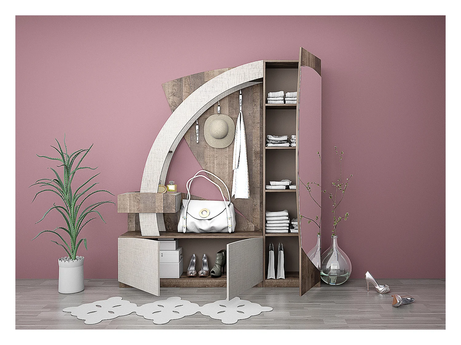 Mobile con specchio moderno in lino/rovere antico IG6