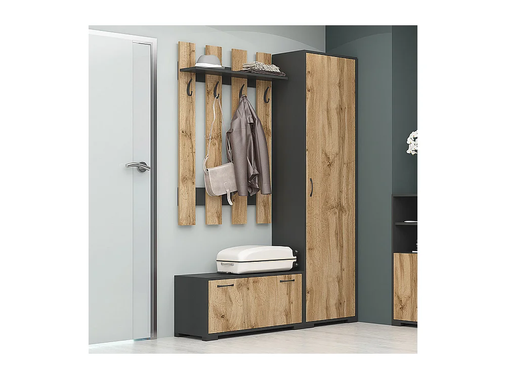 Set mobile ingresso salvaspazio con appendiabiti e scarpiera in rovere e grigio IG22