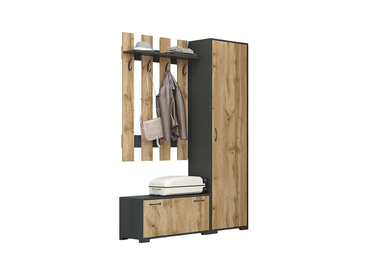 Set mobile ingresso salvaspazio con appendiabiti e scarpiera in rovere e grigio IG22